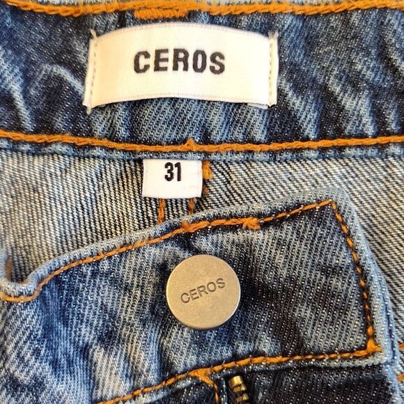 CEROS Blue Heavily Distressed High Rise Straight Leg Cropped Jeans Size 31 - Picture 10 of 11